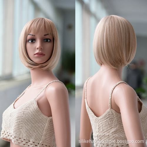 High Quality Ombre Ash Blonde Color Machine Made Short Bob Wigs With Bangs For Women Daily Use Heat Resistant Synthetic Wig